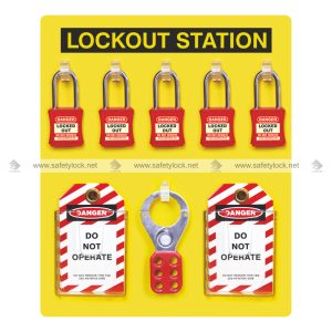 open lockout station front view with lockout padlocks hasps tags