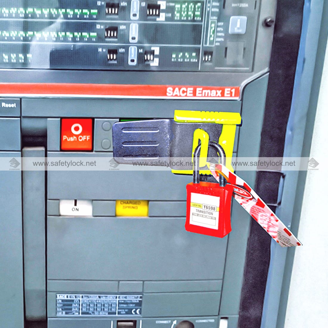 electrical panel lockout device to lock flat button and hole blocker