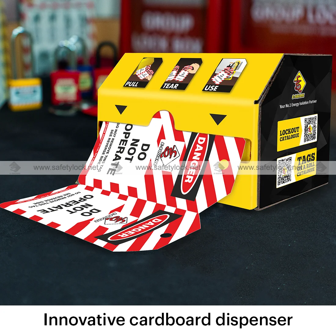 lockout tags in cardboard dispenser pack