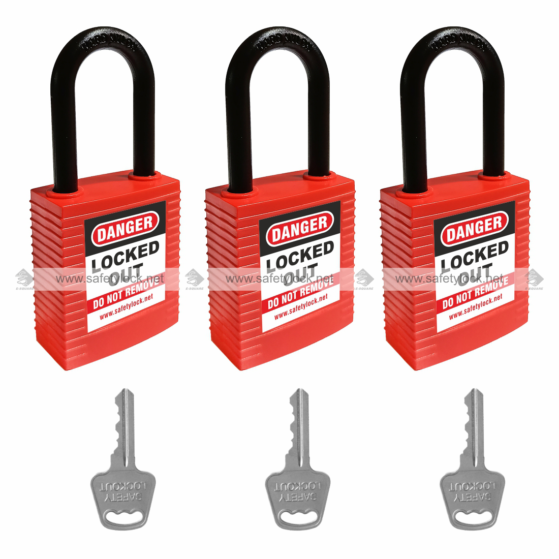 Imagine pentru Set 3 lacăte LOTO De‑Electric cu bridă din nylon 42 mm – chei diferite (KD)