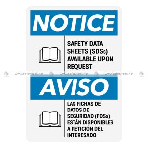 sds bilingual notice sign - safety data sheets available upon request
