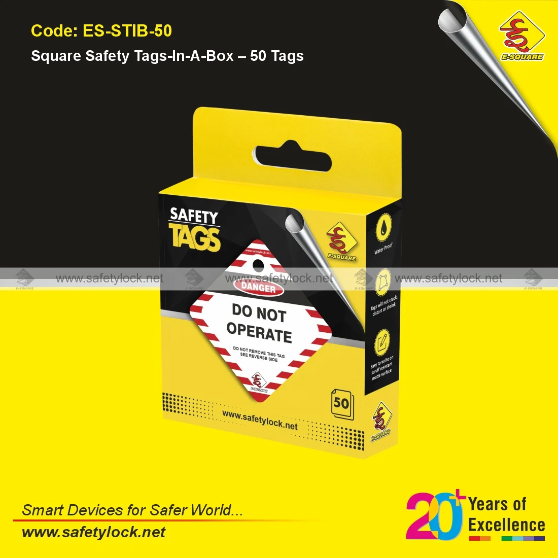 Square Safety Tags in a Box with 50 Tags for Industrial Safety Identification and Equipment Tagging Applications