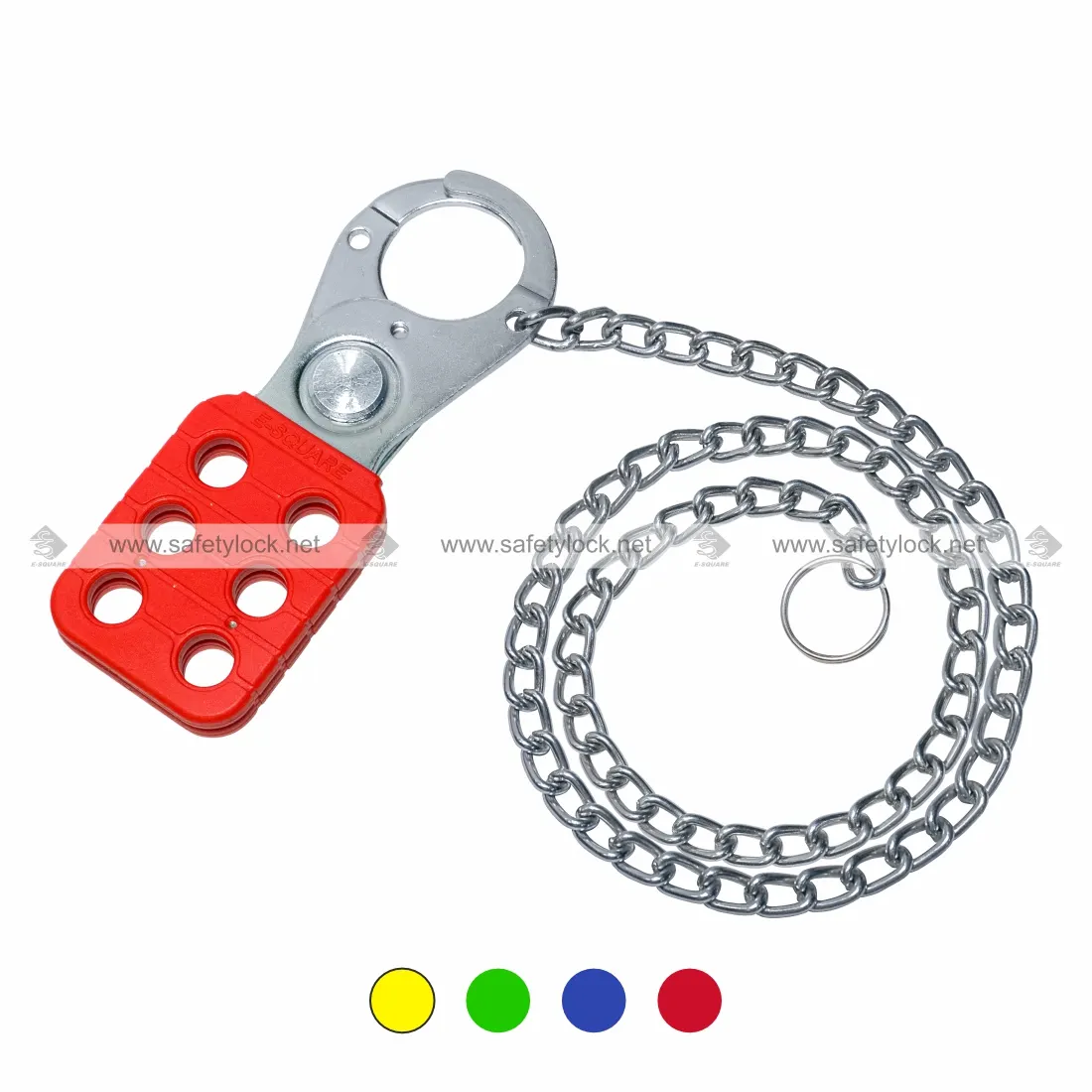 Red Vinyl Coated Lockout Hasp Small Zinc Finish with 48-inch Zinc Plated Metal Chain for LOTO Safety Applications by E-Square Alliance