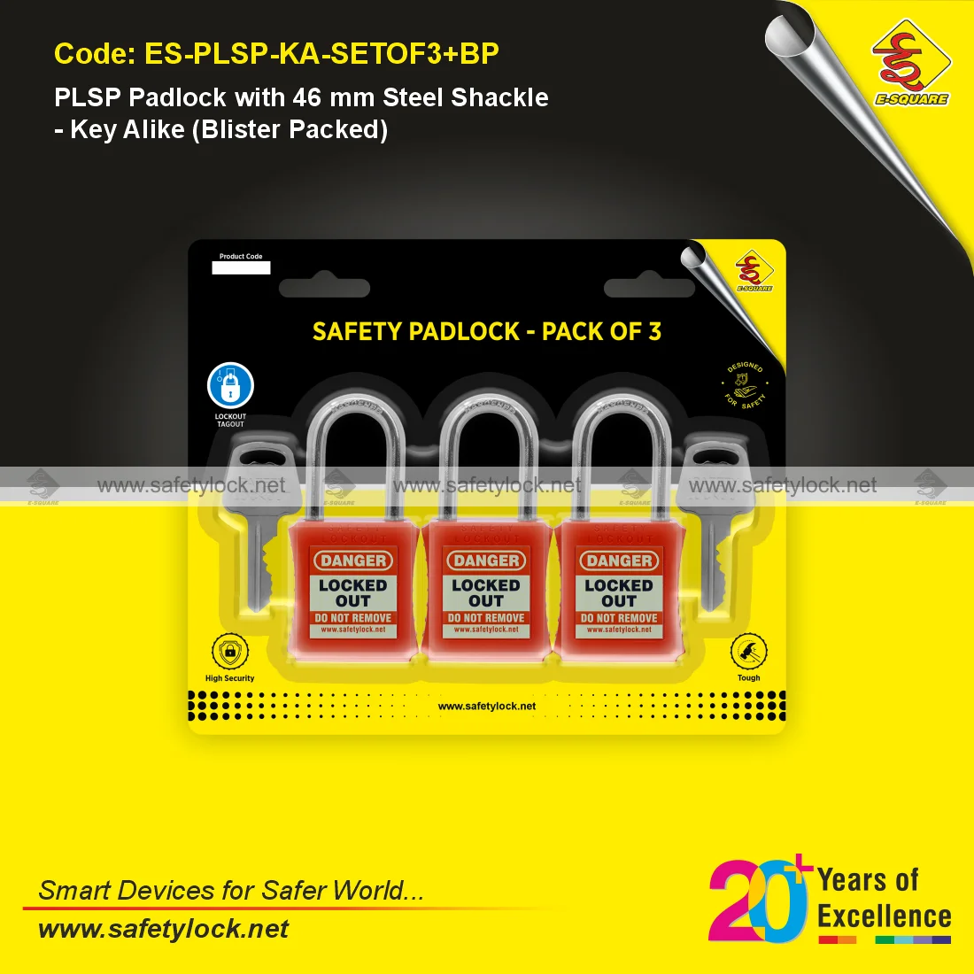 E-Square PLSP lockout padlock with steel shackle in blister packaging