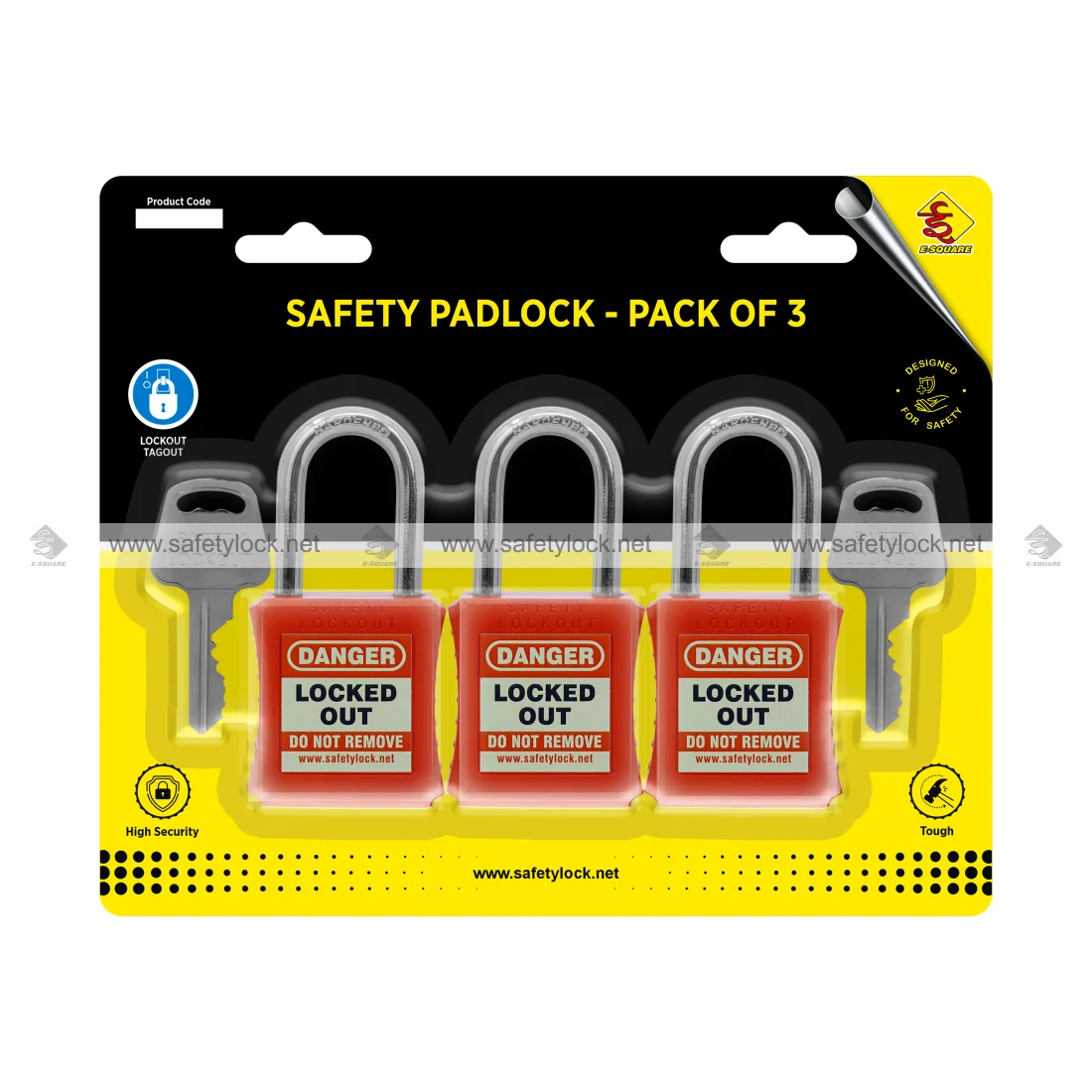 keyed alike PLSP lockout padlock with 46 mm steel shackle in blister packaging