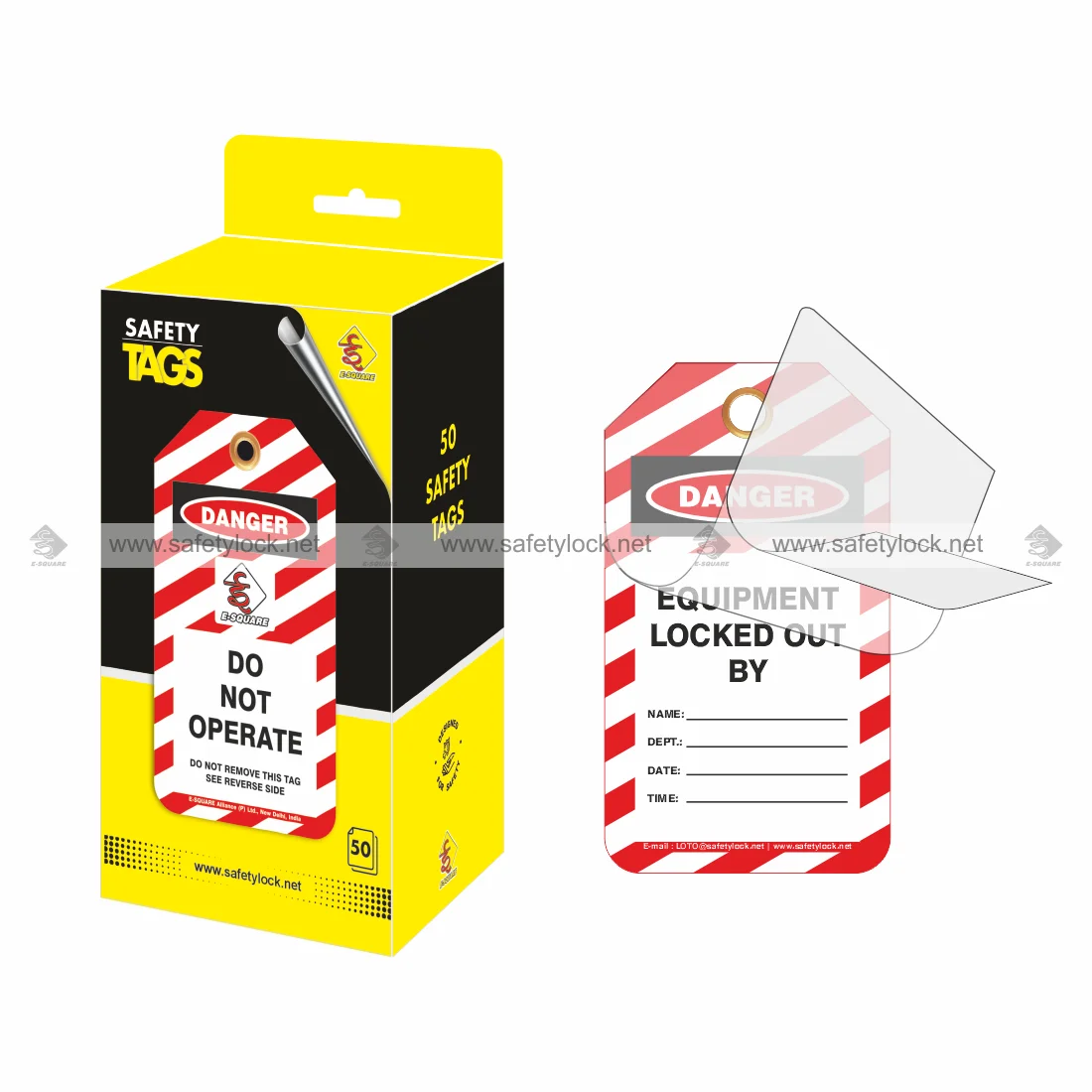 self laminating LOTO tags in a box with eyelet