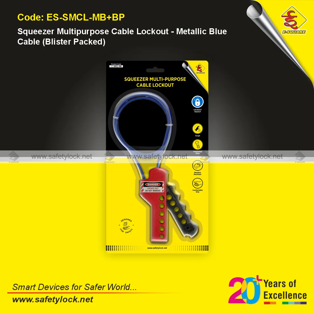 squeezer multipurpose cable lockout with metallic blue cable blister packed