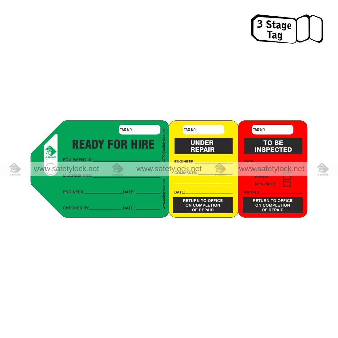 3 stage tags ready for hire repair and inspected tag
