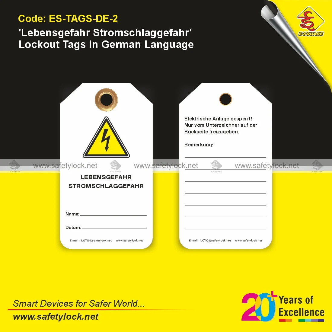Lebensgefahr Stromschlaggefahr Lockout Tags in German Language for Electrical Safety Applications