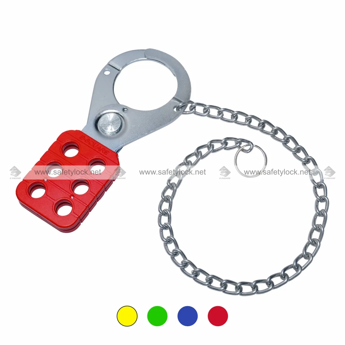 Red Premier Vinyl Coated Lockout Hasp with Zinc Finish and 12 Inch Zinc Plated Metal Chain for LOTO Safety Applications by E-Square Alliance