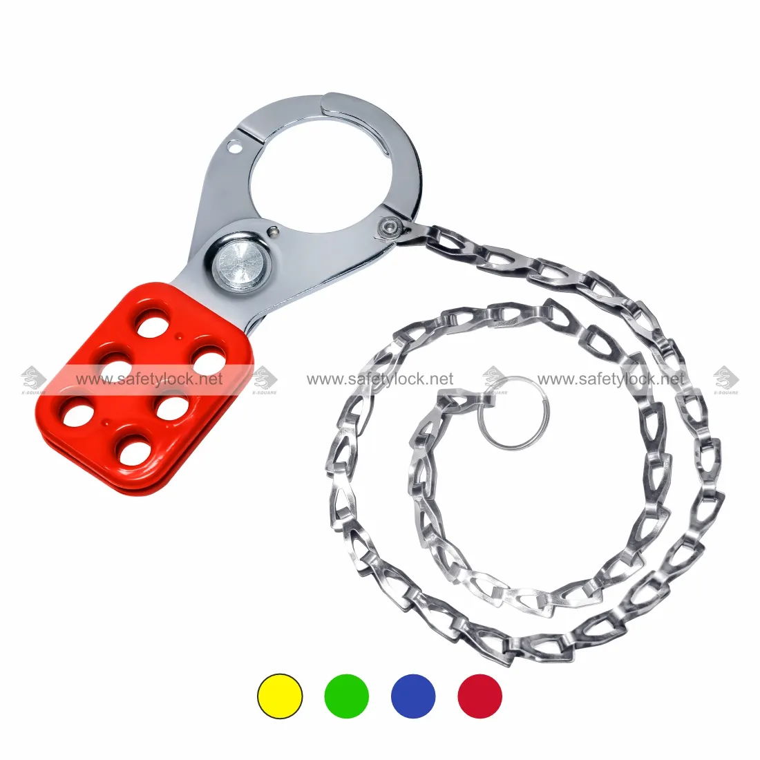 Red Premier Vinyl Coated Lockout Hasp with Chrome Plated Finish and 24 Inch Stainless Steel Chain for LOTO Safety Applications by E-Square Alliance
