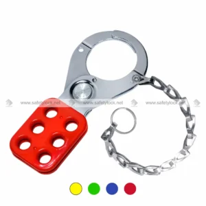 Red Premier Vinyl Coated Lockout Hasp with Chrome Plated Finish and 6 Inch Stainless Steel Chain for LOTO Safety Applications by E-Square Alliance