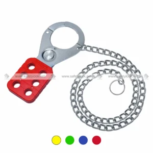 Red Premier Vinyl Coated Lockout Hasp with Zinc Finish and 24 Inch Zinc Plated Metal Chain for LOTO Safety Applications by E-Square Alliance