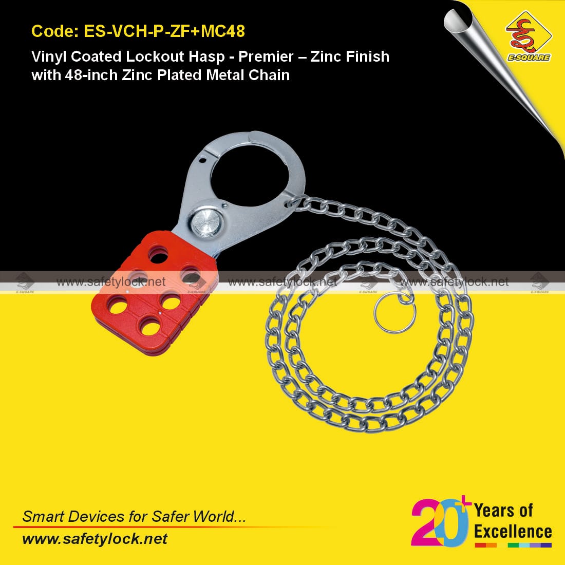 Vinyl Coated Lockout Hasp - Premier - Zinc Finish with 48-inch Zinc Plated Metal Chain