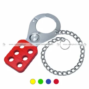 Red Premier Vinyl Coated Lockout Hasp with Zinc Finish and 6 Inch Zinc Plated Metal Chain for LOTO Safety Applications by E-Square Alliance