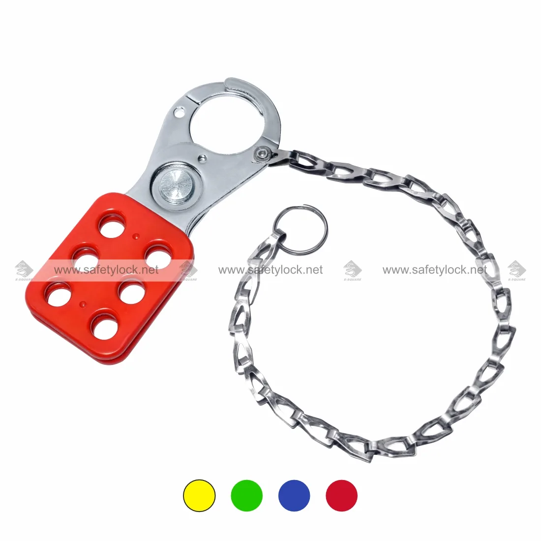 Red Small Vinyl Coated Lockout Hasp with Chrome Plated Finish and 12 Inch Stainless Steel Chain for LOTO Safety Applications by E-Square Alliance