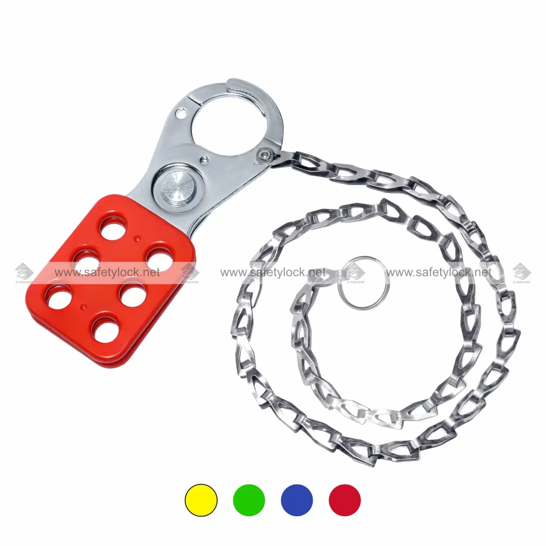Red Vinyl Coated Lockout Hasp Small Chrome Plated with 48-inch Stainless Steel Chain for LOTO Safety Applications by E-Square Alliance