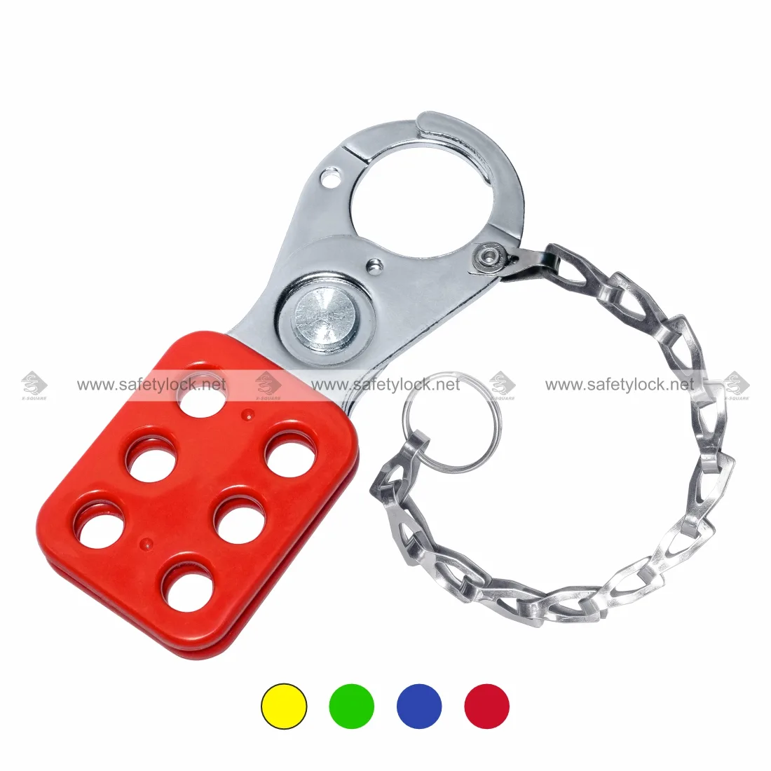 Red Small Vinyl Coated Lockout Hasp with Chrome Plated Finish and 6 Inch Stainless Steel Chain for LOTO Safety Applications by E-Square Alliance